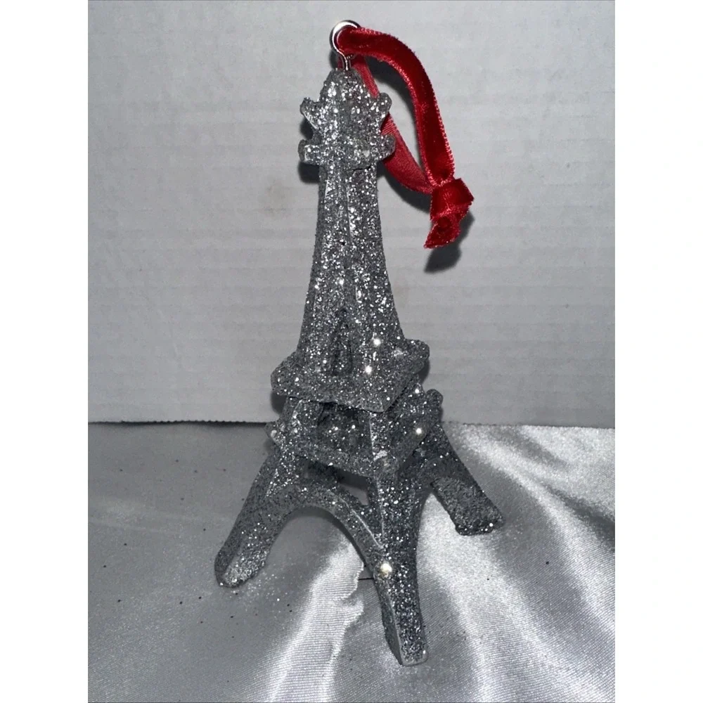Silver Glitter Eiffel Tower Christmas Ornament Paris France Red Velvet Ribbon